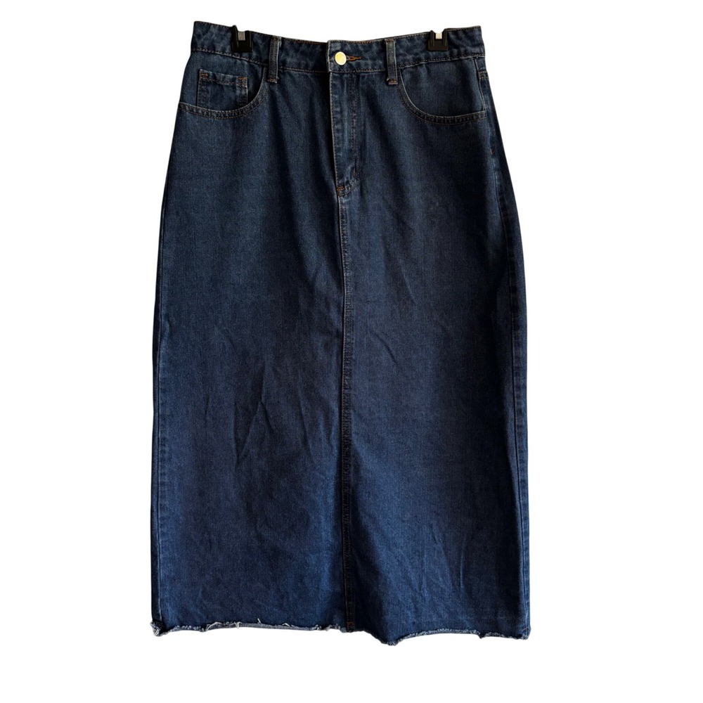 Shein Women Blue Denim Midi Maxi Jean Skirt High Waist Raw Hem Large Modest Long